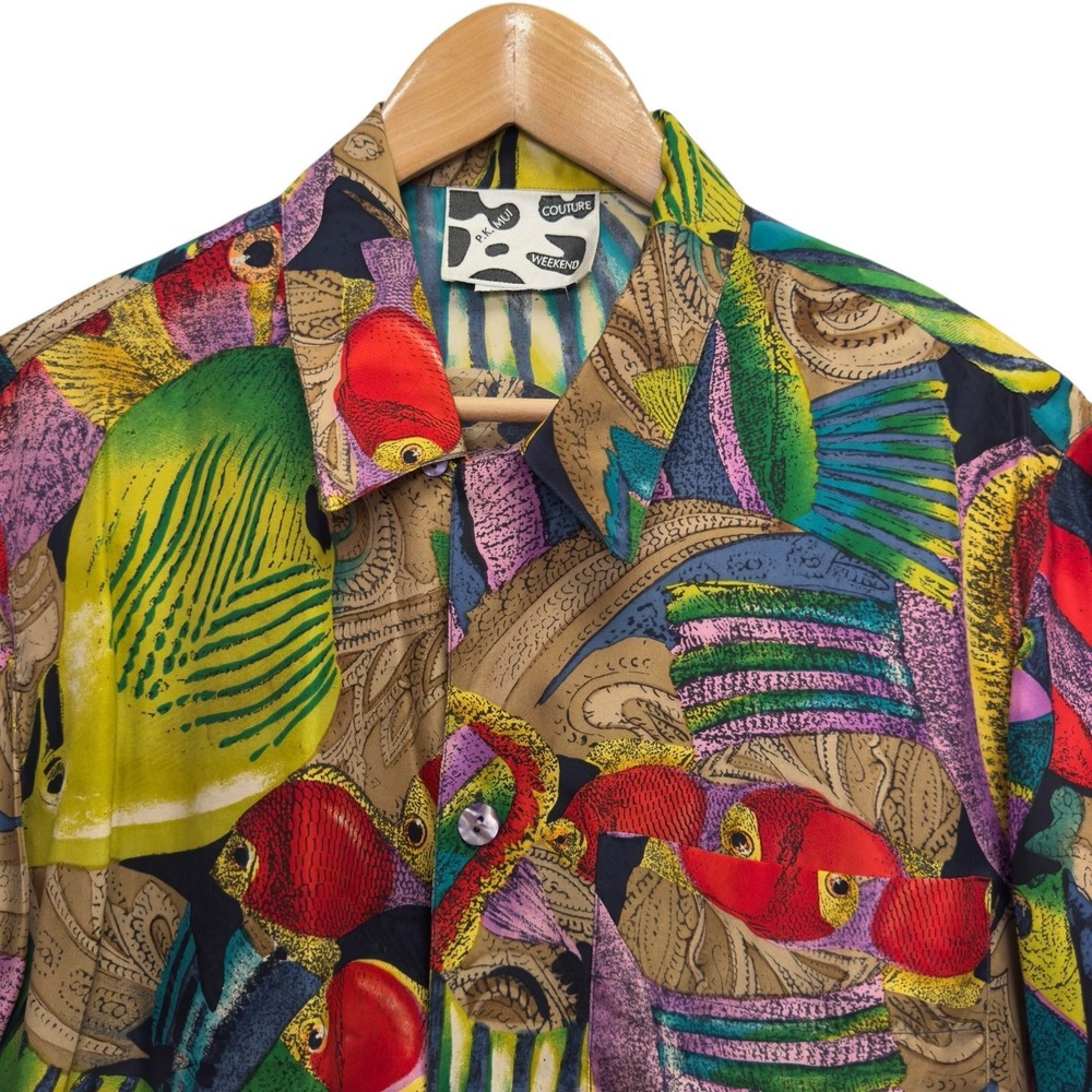 P.K. Mui Couture Vtg Mens Sz Medium Multicolor Silk Tropical Fish Hawaiian Shirt